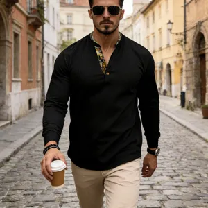 Men black waffle long sleeve henley shirt detail view, contrast collar design street style