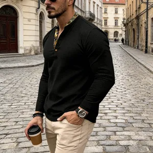 Mens waffle knit long sleeve henley shirt with printed collar for casual street fashion wear.