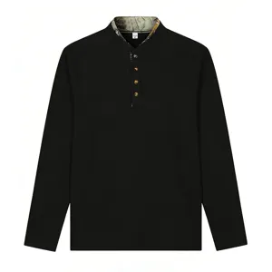 Detail view of men's waffle long sleeve shirt with camo henley collar and buttons.