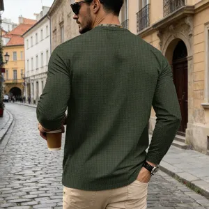 Men's waffle knit long sleeve henley t-shirt in dark green, detailed back view.