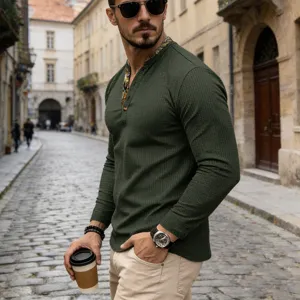 Detail view of men's waffle knit long sleeve henley shirt featuring contrast collar trim.