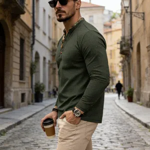 Men waffle long sleeve Henley shirt detail view, casual daily wear, comfortable fabric style.