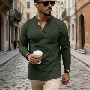 Men waffle knit long sleeve henley shirt detail view, street style casual green top.