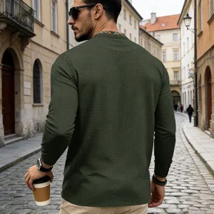 Men's stylish waffle long sleeve henley t-shirt, casual streetwear daily apparel.