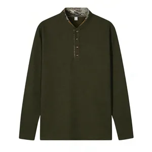 Men's waffle knit long sleeve henley shirt, featuring contrast camo collar details and buttons.