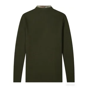 Back detail view of men's olive green waffle knit long sleeve t-shirt with contrast camo collar.