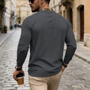Men's waffle long sleeve T-shirt with color block pocket, casual European street style.