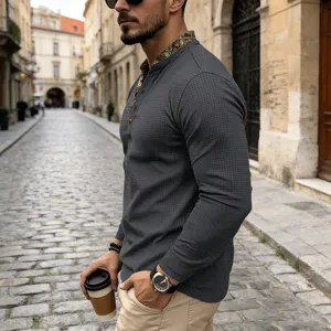 Men's Waffle Knit Long Sleeve Henley Shirt Vintage Collar Casual Tee for Daily Streetwear