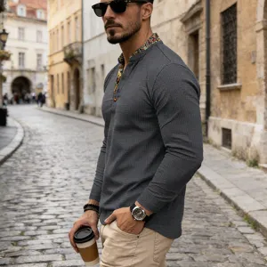 Men's waffle long sleeve henley t-shirt detail showing contrast floral inner collar and fit.