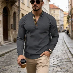 Men's waffle knit long sleeve henley shirt with contrast collar detail for casual street style.