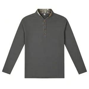 Men's casual waffle knit long sleeve Henley shirt with stylish camouflage collar trim