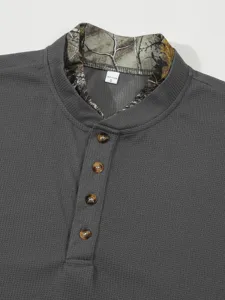 Men waffle knit Henley shirt detail, grey long sleeve top with camouflage collar lining.