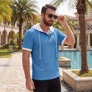 Men's stylish summer short sleeve waffle knit hooded henley shirt casual streetwear