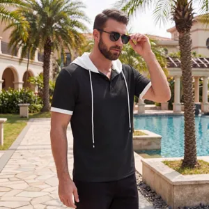 Men's short sleeve hooded polo shirt casual slim fit summer waffle top black and white