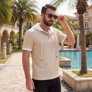 Men's summer short sleeve hooded polo shirt casual waffle knit drawstring top for daily wear