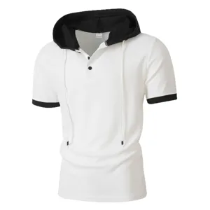 Men short sleeve hooded waffle henley t-shirt casual white summer top stylish menswear.