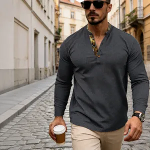 Men's Casual Waffle Knit Henley T-Shirt Contrast Color Patchwork Long Sleeve Top Breathable Polyester Base Layer T-Shirt Streetwear