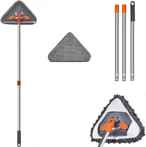 Triangle mop replacement pad and extension pole parts detail view for easy cleaning.