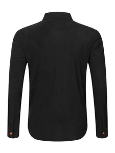 Détail du dos de la chemise à manches longues en velours côtelé noir avec boutons oranges.