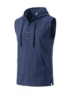 Canotta henley con cappuccio senza maniche in lino estivo da uomo con tasca e bottoni