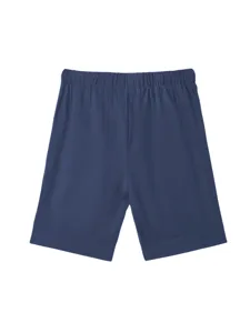 Vista dettagliata di pantaloncini casual blu in lino da uomo con vita e polsini elastici.