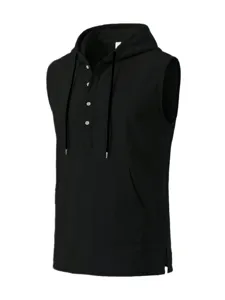 Canotta con Cappuccio in Lino Nero da Uomo Estiva Casual Senza Maniche Henley Top