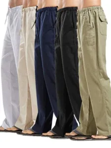 Pantaloni da Uomo in Lino Casual Taglie Forti Vestibilità Morbida Coulisse Vita Elastica Gamba Dritta Con Tasche Traspiranti Estate Spiaggia Pantaloni Lunghi