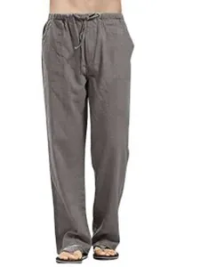 Pantaloni casual larghi in lino da uomo con comodo cordoncino in vita e tasche grigi.