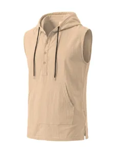 Gilet smanicato con cappuccio in lino casual da uomo con tasca per la stagione estiva.