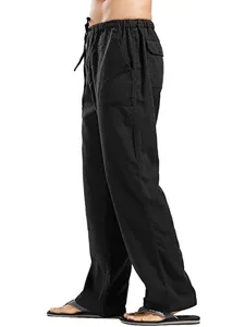 Pantaloni casual larghi in lino da uomo con vita con coulisse e tasche nel classico colore nero.