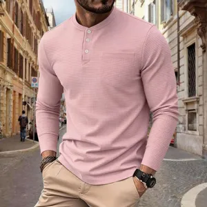 Mens pink waffle knit long sleeve henley shirt with chest pocket casual vintage top