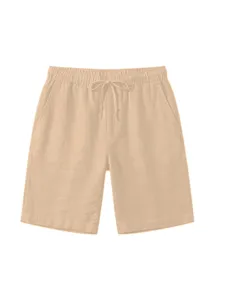 Vista dettagliata di pantaloncini casual in lino da uomo in kaki, vita elastica.