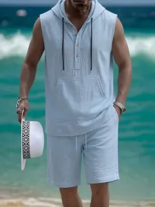 Set estivo casual da uomo in lino senza maniche con felpa con cappuccio e pantaloncini.