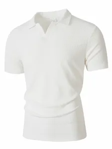 Herren weißes geripptes kurzarm Polohemd, klassischer Revers V-Ausschnitt Stricktop.