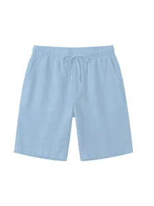 Pantaloncini casual in lino azzurro da uomo con vita elasticizzata con coulisse e tasche.