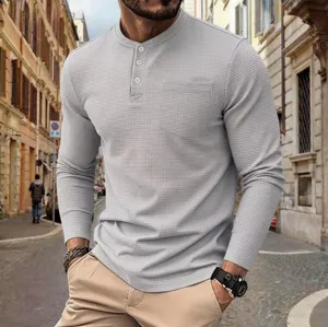 Men's long sleeve waffle knit Henley shirt casual pullover with chest pocket light grey