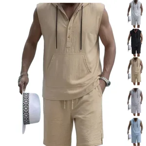 Set Casual Estivo in Lino da Uomo con Gilet Henley Senza Maniche con Cappuccio e Pantaloncini con Coulisse Outfit da Spiaggia Top e Pantaloni