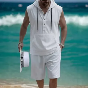 Completo casual estivo in lino da uomo, camicia henley con cappuccio smanicata e pantaloncini.