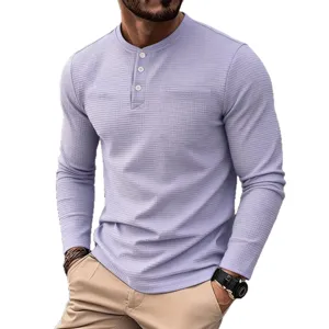 Men's waffle knit long sleeve henley shirt casual button front pullover streetwear top
