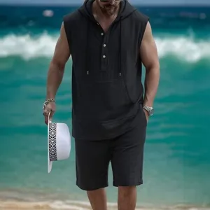 Completo estivo casual in lino da uomo senza maniche con cappuccio e pantaloncini da spiaggia