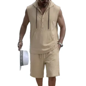 Set casual estivo in lino da uomo con camicia henley smanicata con cappuccio e pantaloncini