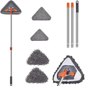 Adjustable triangular floor mop with extendable metal poles and multi-purpose cleaning pads.