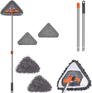 Adjustable triangle mop with extension poles and replacement cloth pads for floor and glass.