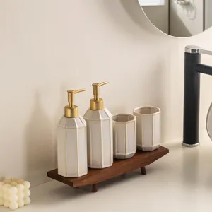 Minimalist Hotel Style Ceramic-Look PVC Decoration Soap Dispenser Mouthwash Cup Wood Tray Geometric Faceted Bathroom Accessories