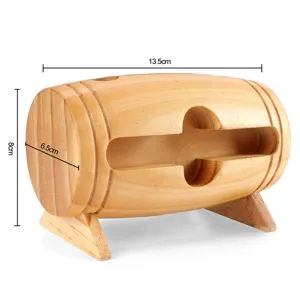 Houten wijnopener houder detail, vatvormige houten standaard voor wijnaccessoires.