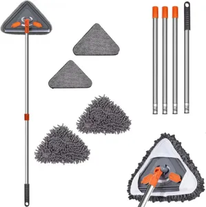 Adjustable triangle cleaning mop detail showing extension poles and replacement pads.