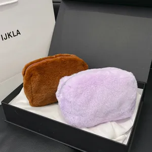 Borsa cosmetica in morbido peluche marrone e viola, astuccio per trucco con cerniera.