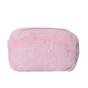 Borsa cosmetica in peluche rosa, morbida custodia trucco, grande borsa da toiletta utile.
