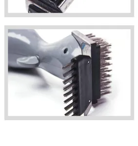 Stainless steel BBQ grill cleaning brush with scraper, durable outdoor wire cleaning tool.