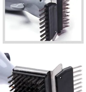 Detail view of the stainless steel BBQ grill cleaning brush with wire bristles and scraper.